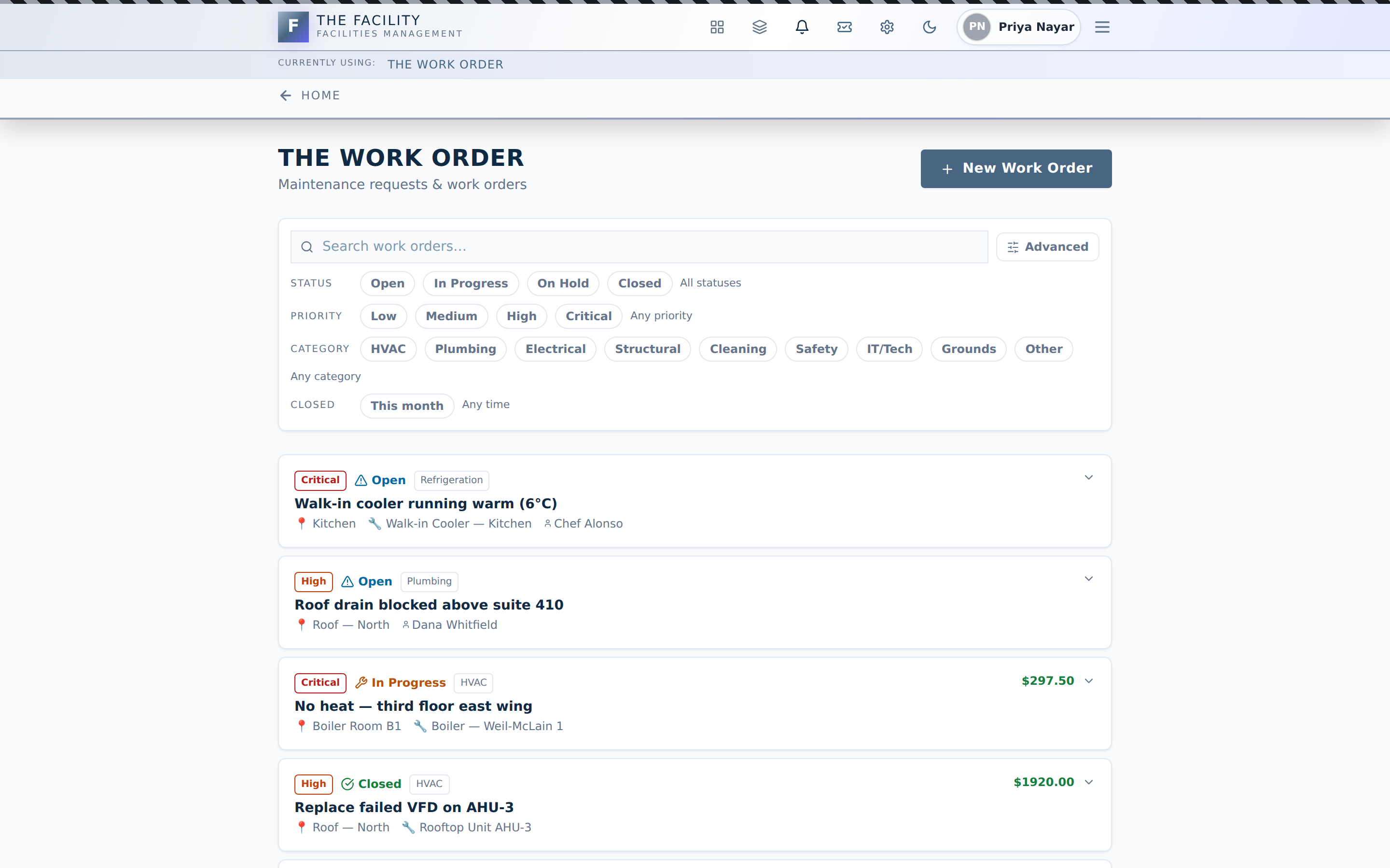 The Work Order preview in The Facility